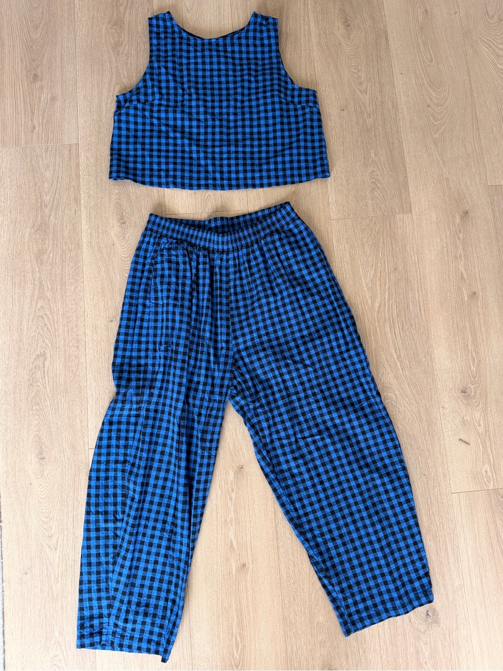 Blue & Black Checked High-Rise Relaxed Pants
